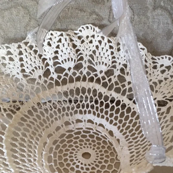 Vintage Wedding Basket Bowl Lampshade Handmade White Crochet Cotton